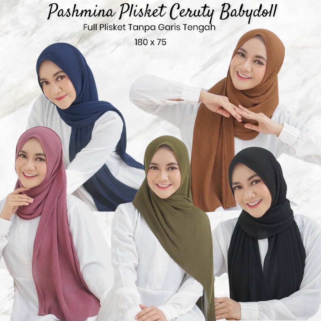 Pashmina FULL Plisket Ceruty Babydoll Lidi Kecil Jahit Tepi Tanpa Garis Tengah Premium