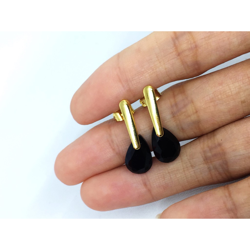 Anting Stainless Steel Lapis Emas 18k Gold Batu Hitam Teardrop BE124H