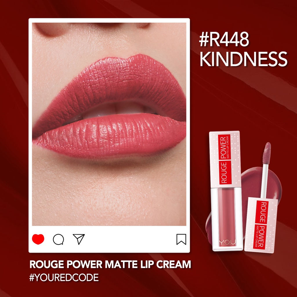 YOU Rouge Power Matte Lip Cream 5gr | Matte Finish, Tahan Lama, Waterproof, Nourishing + Manuka Honey | Lip Matte | Lipstick | BPOM