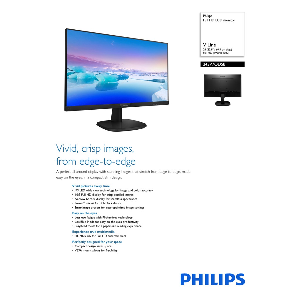 MONITOR LED PHILIPS 23.8&quot; 243V7QDSB RESOLUSI 1920 X 1080 75Hz