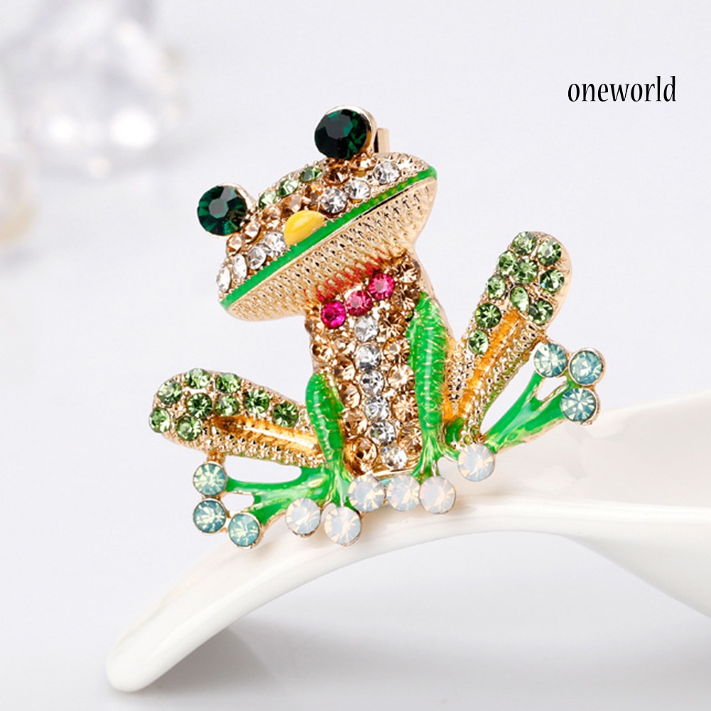 OW@ Cute Women Rhinestone Inlaid Frog Enamel Animal Brooch Shirt Collar Badge Decor