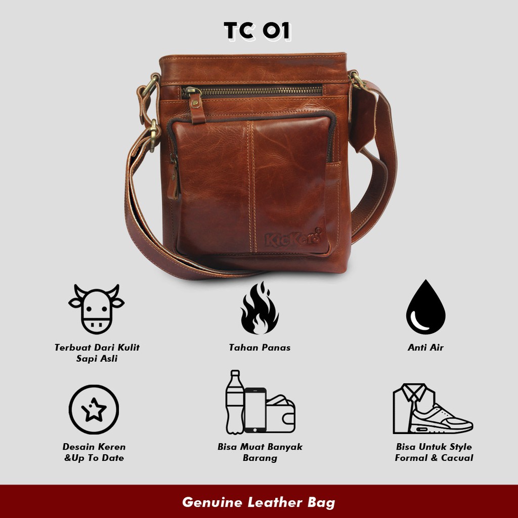 Tas selempang pria kulit sapi asli 100% PREMIUM sling bag cowok kulit Asli original QI Leather TC01Q