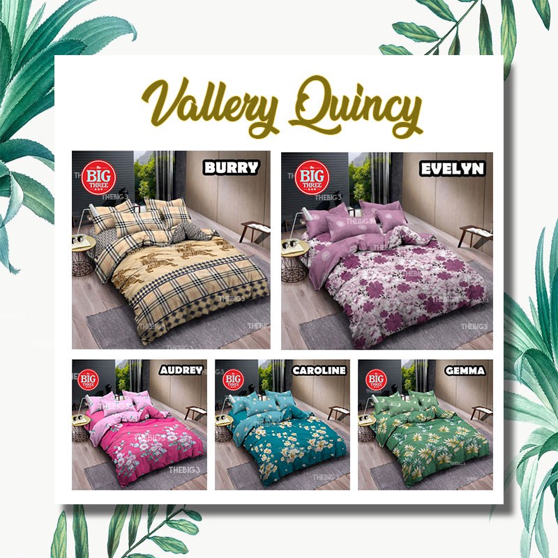 Set Bedcover + Sprei 120x200 QUINCY VALLERY  Tinggi 30 Polos Dan Motif Caroline Carara Putih Espresso Evelyn Grey Pink Aquatic Karen Gemma Hugo - BC 120 Single