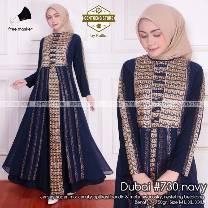 DUBAI 730  BY OENTOENG STORE / GAMIS ABAYA BAHAN JERSEY MIX CERUTY WARNA NAVY