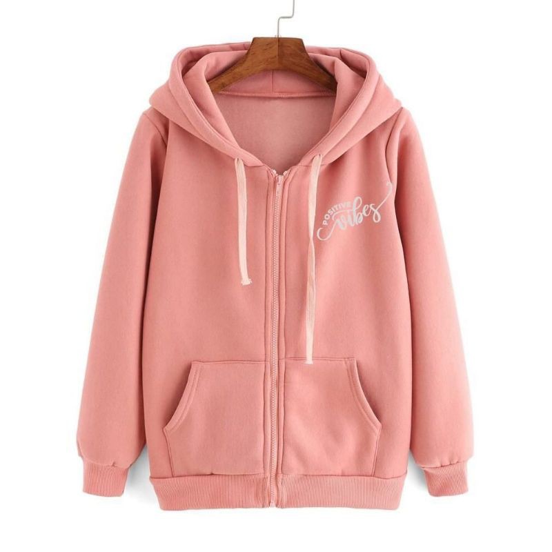 Jaket Hoodie Wanita Atasan POSITIVE VIBES Bahan Babyterry-SALEM
