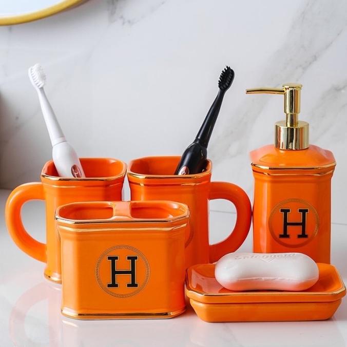 Luxury H Hermes Bathroom Set Orange / Set Tempat Sabun H Mewah Keramik --NEW--