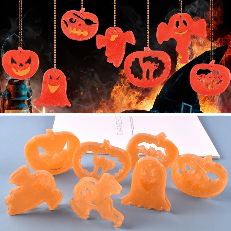 7 Pcs Cetakan Liontin Gantungan Kunci Bentuk Labu Hantu Halloween Bahan Silikon Untuk Kerajinan Perhiasan