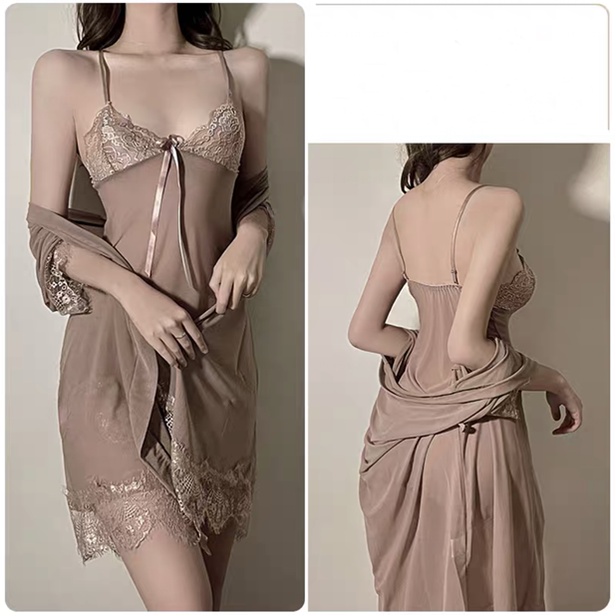 Kimono Wanita Sexy Set Baju Tidur Selempang Piyama Transparan 3 in 1 Ukuran Besar A270