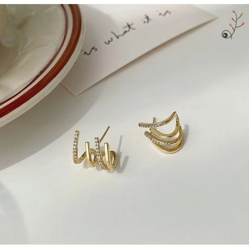 IFYOU Anting Stud Berlian Multilayer Warna Emas Gaya Korea Untuk Wanita