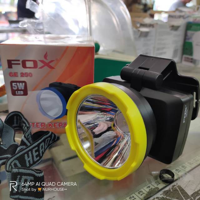 Senter kepala Fox GE 250 Putih / kuning charge rechargable cas emergency 250y fox 250 awet terang 5w