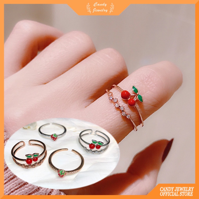 Cincin Model Terbuka Desain Strawberry Cherry Gaya Jepang Dan Korea Untuk Wanita