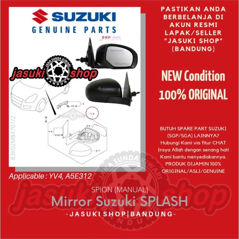 Mirror Assy Kaca Spion Manual Elektrik Electric Suzuki Splash New Splash YV4 DR412 A5E312 MT AT Asli