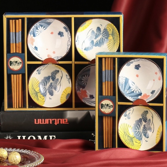 Indah Ceramic Bowl Set / Alat Makan Mangkok  Keramik Sumpit /Hampers Kado / Parcel Souvenir / Gift B