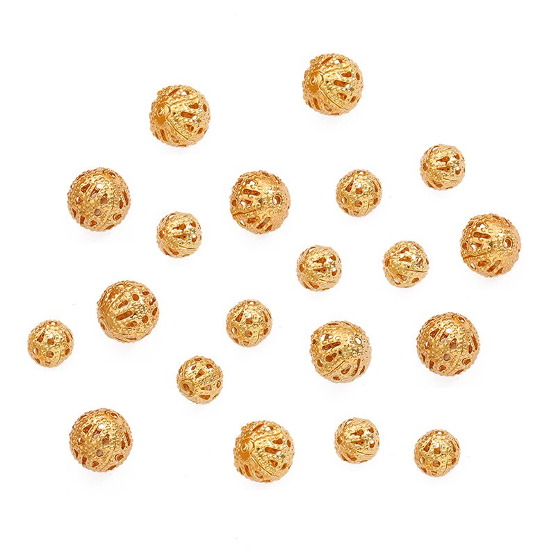 18K Gold Plated 10Pcs 6 8mm Copper Round Loose Flower Ball Beads for DIY Necklace Bracelet Jewelry Findings Making Accessories