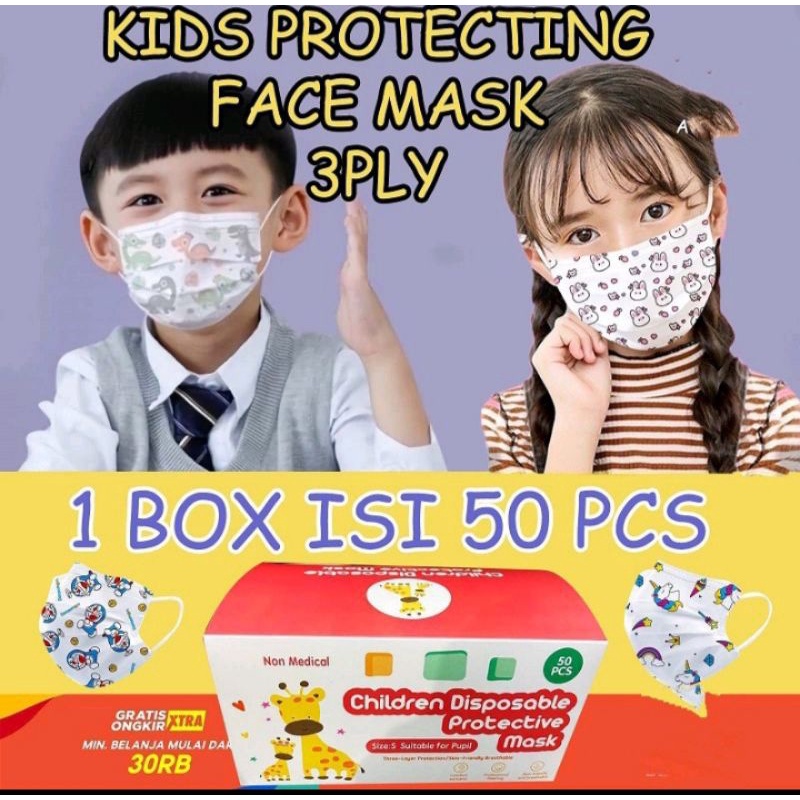 Masker Anak 3 Ply karakter Motif Earloop isi 50 Pcs/Box.!!! FREE BOX