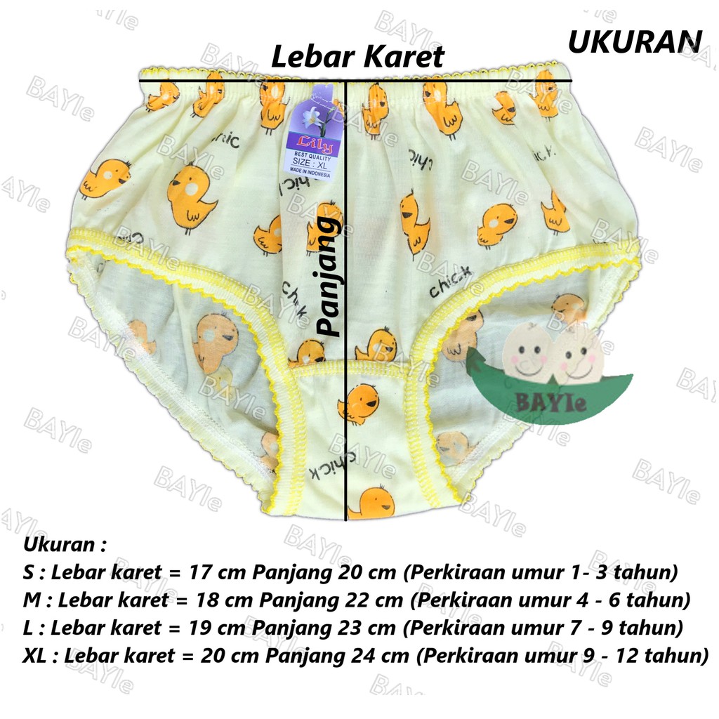 BAYIe - 3 PCS Celana Dalam / CD Anak Perempuan  Motif CHICK LILY Size S, M, L, XL / CD anak cewek