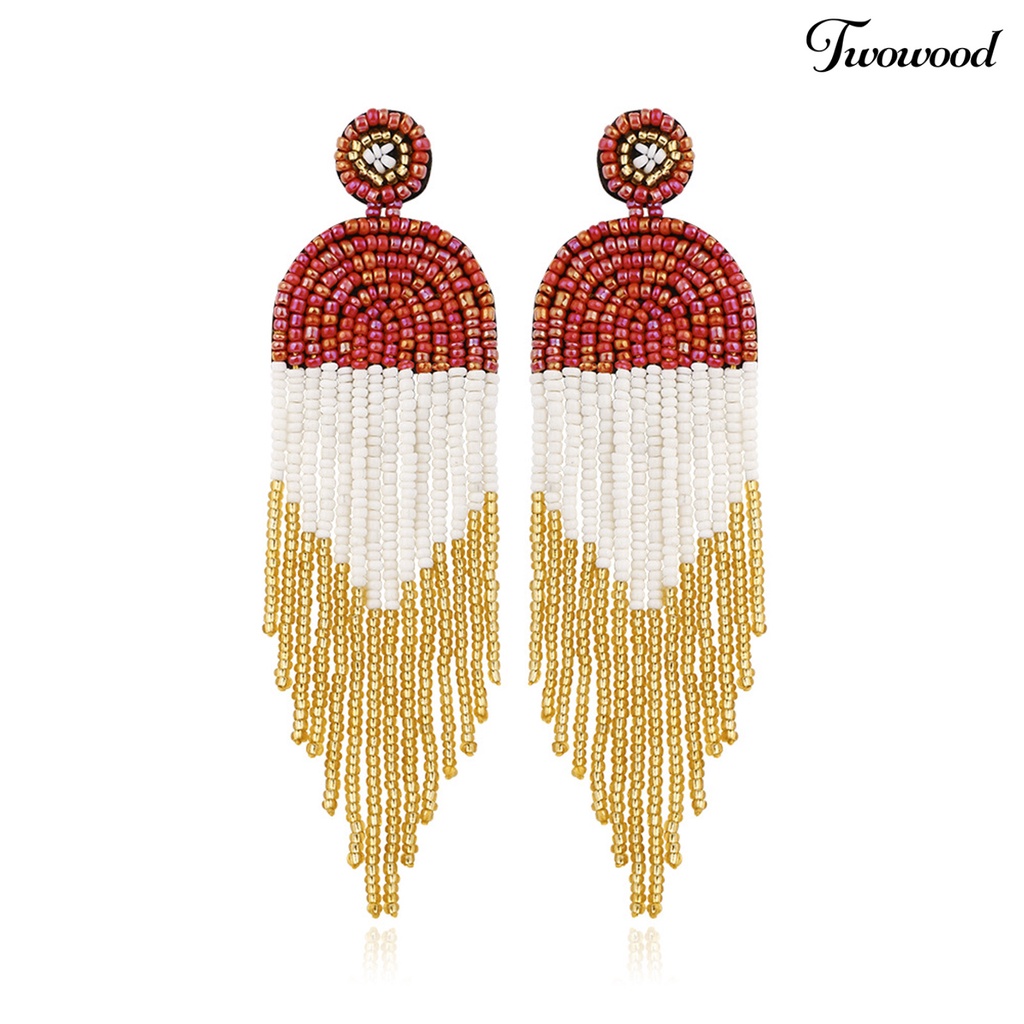 1 Pasang Anting Stud Manik-Manik Rumbai Warna-Warni Gaya Vintage Untuk Kencan