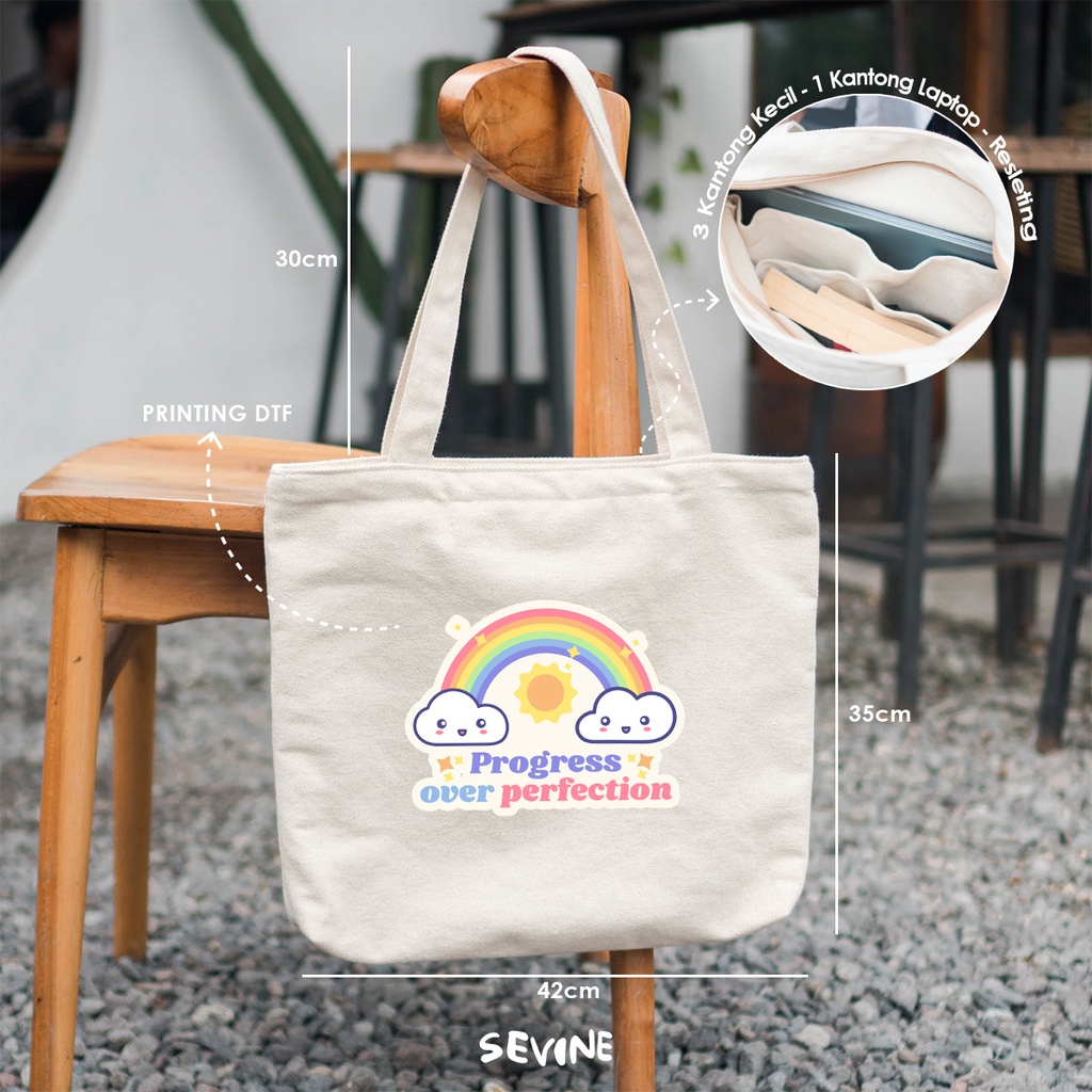 Sevine Tote Bag Kanvas Emily Resleting Kantong Tas Laptop Kuliah Sekolah Fashion Totebag Kerja Quotes Cute Aesthetic - RM