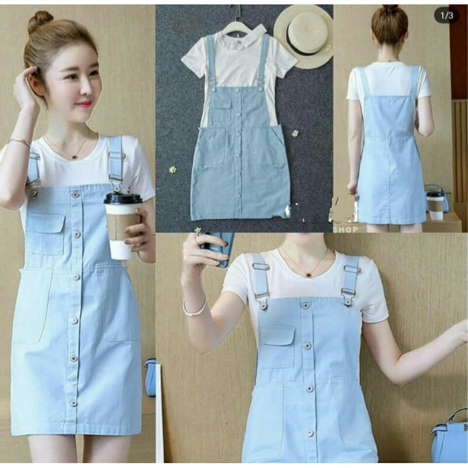 [Over all Rok denim RO] Jumpsuit wanita katun denim biru muda