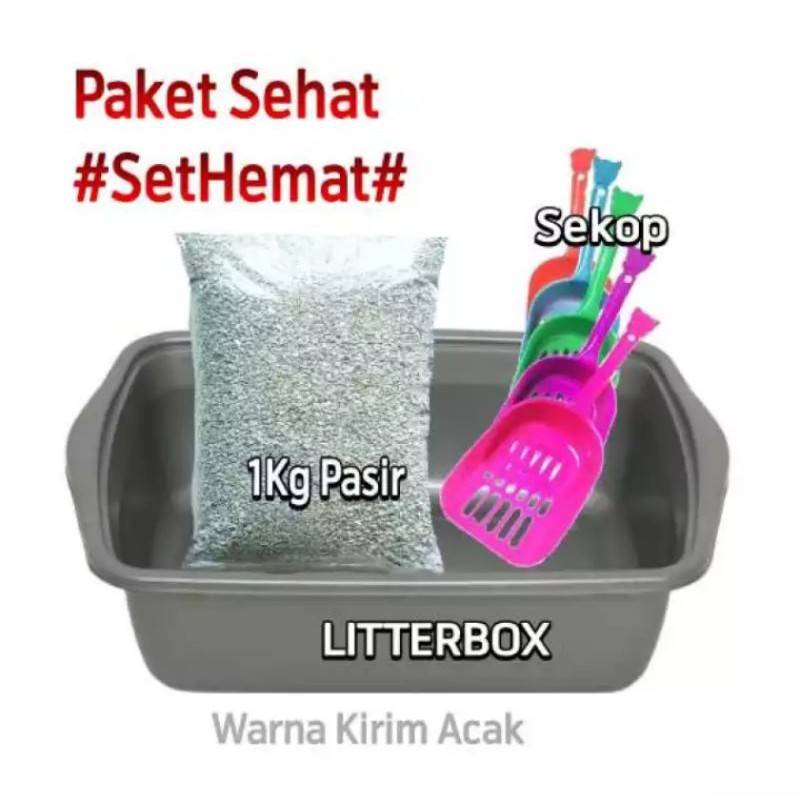 Paket Hemat 1set Tempat Pup Kucing,bak + serokan &amp; pasir zeolit 1kg