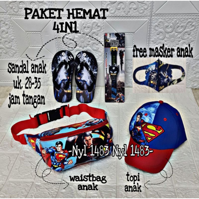 Real pict | Paket hemat 4in1 tas waistbag anak karakter superhero / free topi/ sandal/ jam tanga / masker