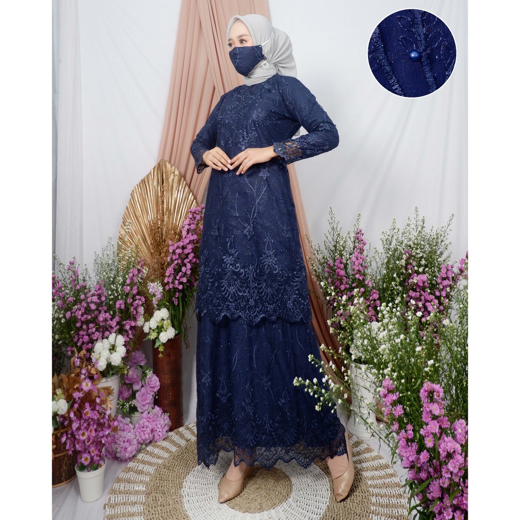 Gamis Brukat Jumbo - Gamis Brukat Malaysia - Gamis Brukat Terbaru  (FREE HIJAB)-Navy