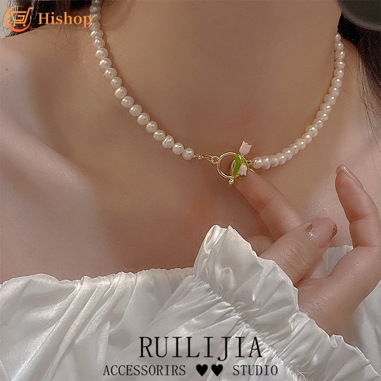 Kalung Choker Rantai Klavikula Bahan Logam Hias Mutiara Bentuk Tulip Untuk Wanita