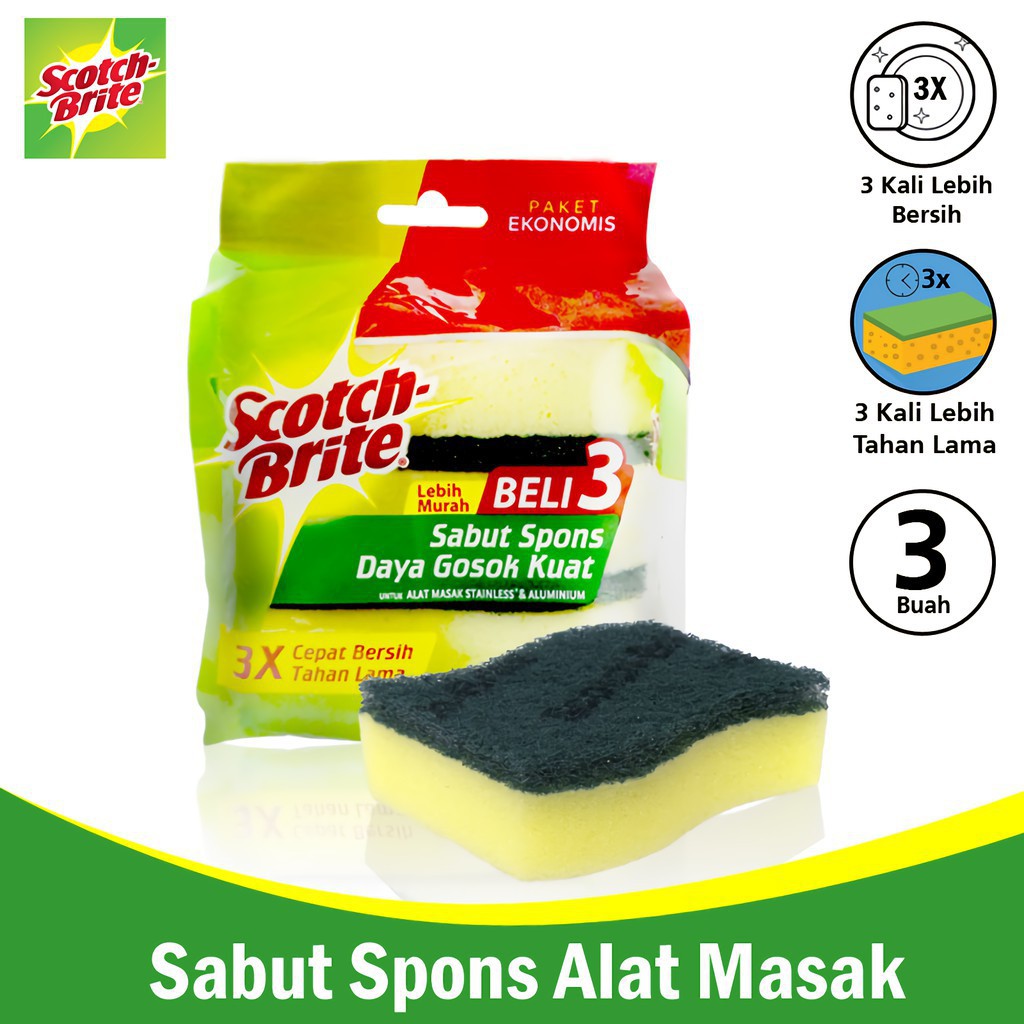 SPONS SABUT CUCI PIRING SCOTCH BRITE HIJAU ISI 3 ID-30P3 BUSA 3M SPONGE CUCI PIRING SET 3 ID30