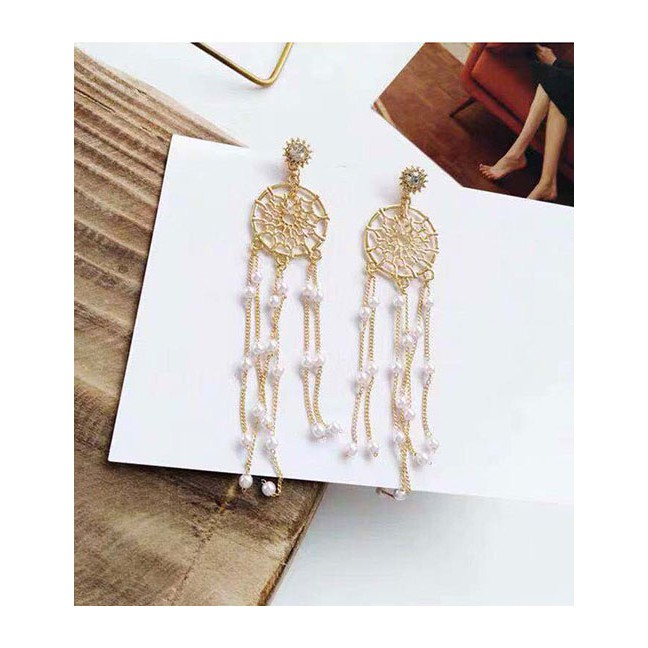 LRC Anting Tusuk Fashion Golden Dreamcatcher Pearl Tassel Stud Earrings With Diamonds A60113