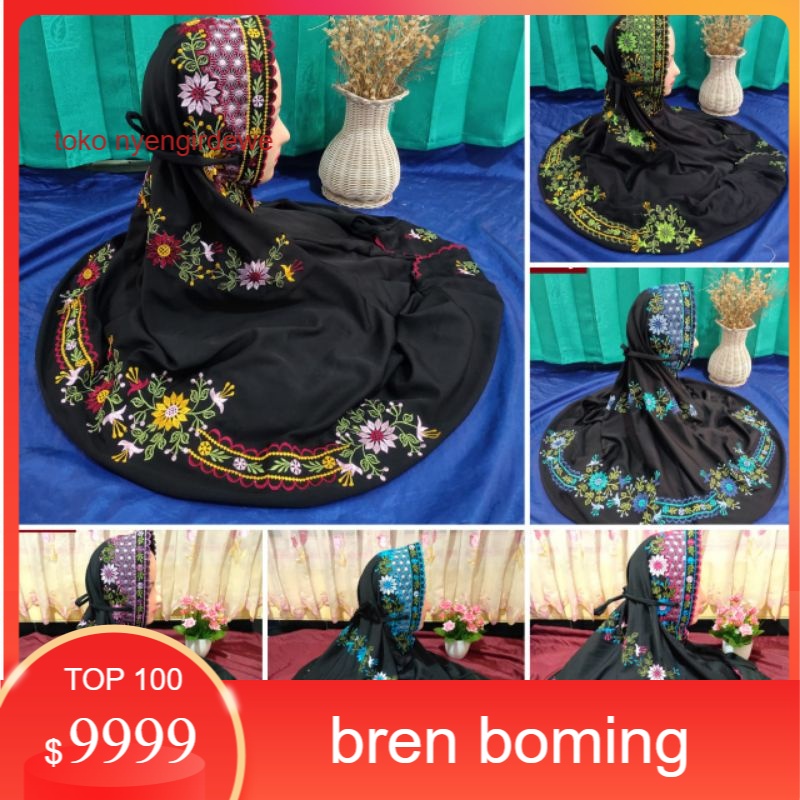 Mukena Terusan Dewasa Bordir motif bunga daisy warna dasar hitam