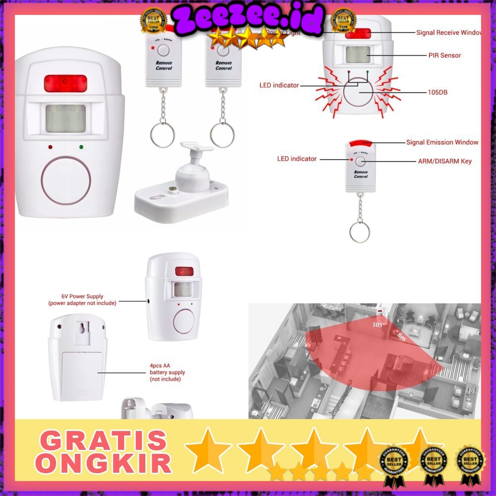 EMASTIFF Alarm Anti Maling Infrared PIR Sensor Gerak 2 Remote - YL105 - White