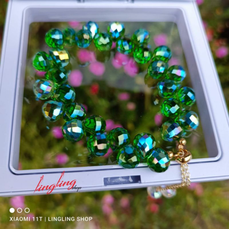 Gelang kristal serut,gelang kristal serut korea,gelang kristal tali elastis free BOX-Hijau Serut 8mm