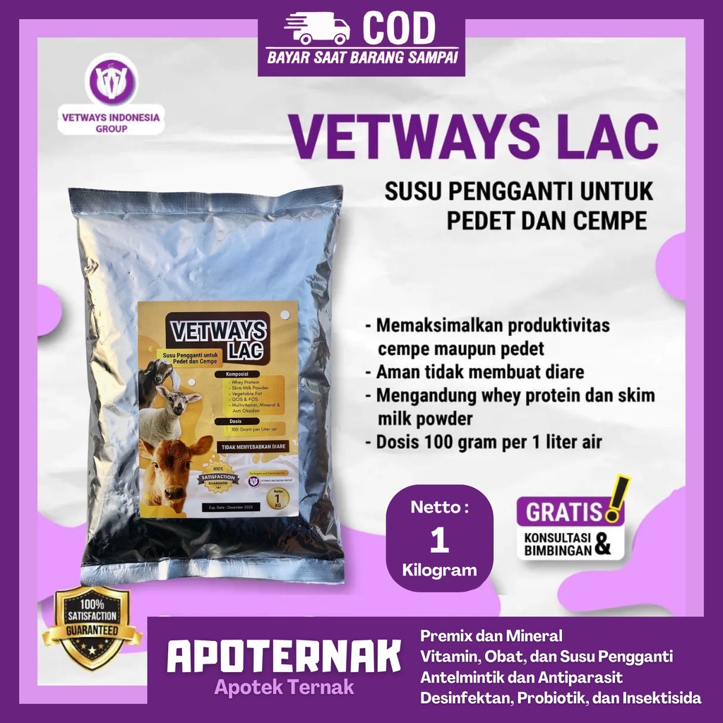 VETWAYS LAC 1 kg Anti Diare | Susu Pengganti Susu Sambung Induk Sapi Kambing Domba Anti Mencret | Susu Pedet Cempe | Master Lac Kalvolac | Apoternak