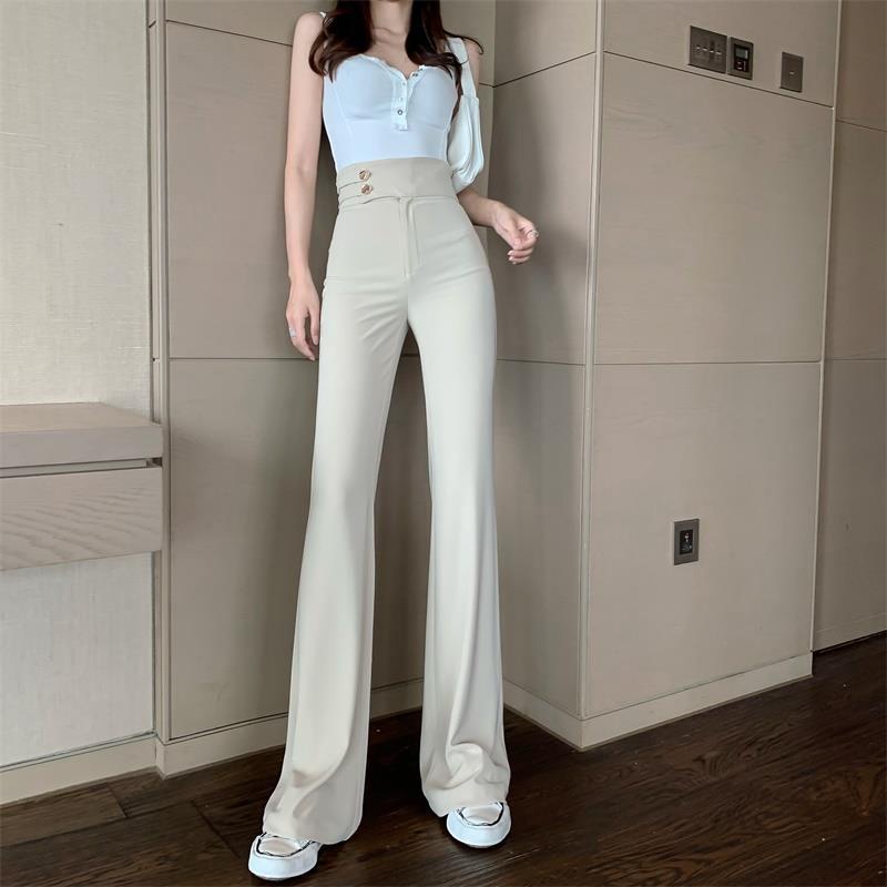 Red Vertikal High Waist Double Button Straight Pants High Waist Slim Casual Pants untuk Wanita Musim Semi Baru Lantai-dragging Celana Lebar