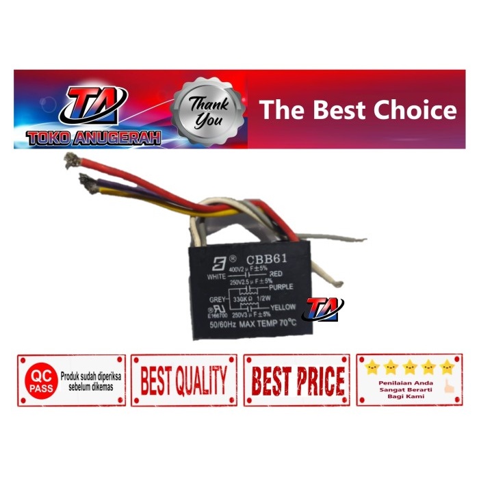 KAPASITOR CBB61 5 KABEL (WHITE GREY RED PURPLE YELLOW)