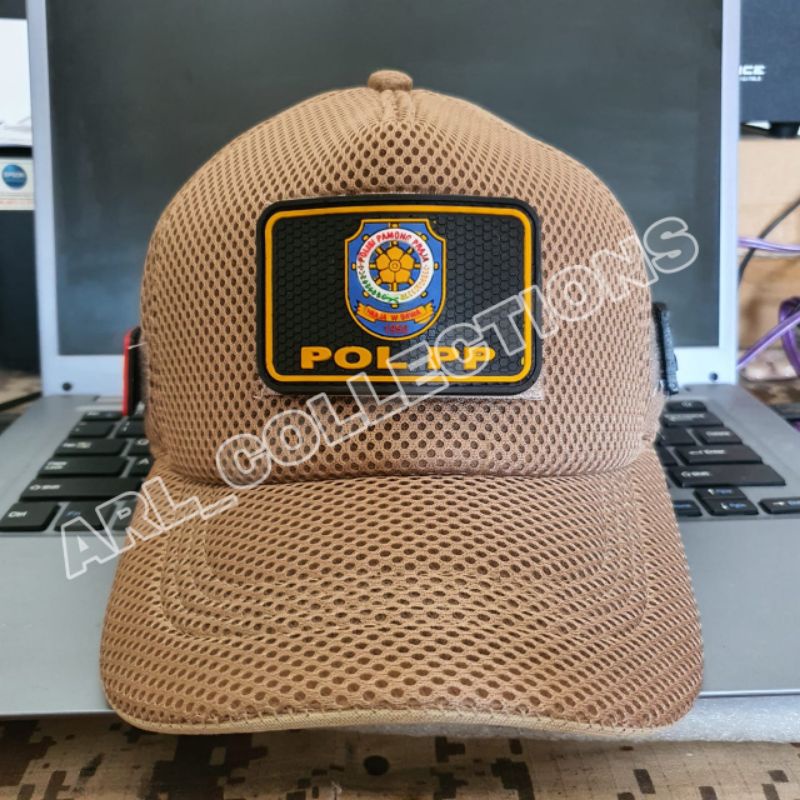 topi jaring double mes pol pp/topi pol pp cream plus 3 patch rubber/topi satpol pp