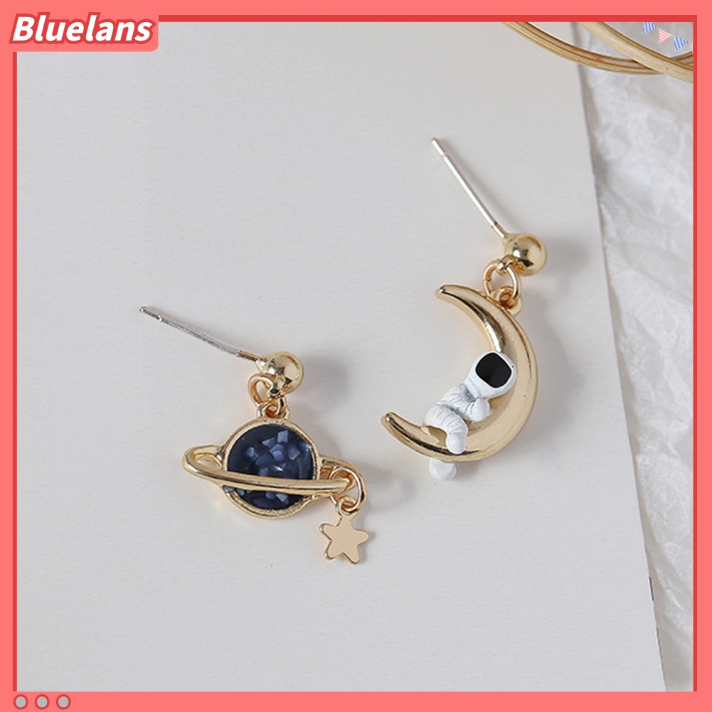 Bluelans Creative Asymmetrical Astronaut Planet Moon Pendant Women Stud Earrings Jewelry