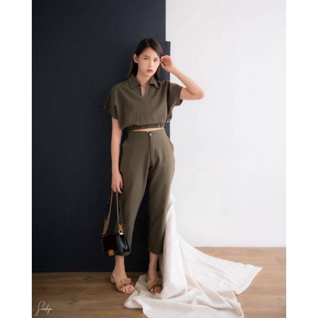 Rachel Set Army Setelan Wanita Celana Panjang Cotton linen