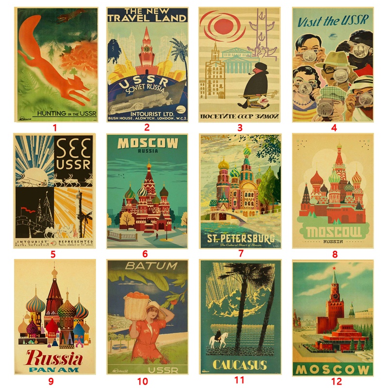 Poster Stiker Dinding Bahan Kertas Kraft Motif Print Travel Soviet Gaya Retro Vintage Untuk Rumah
