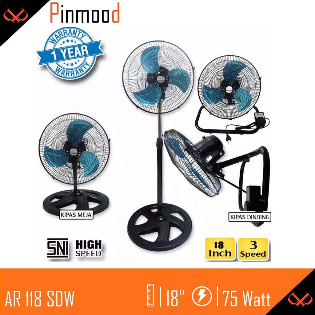 ARASHI AR 118 SDW CITY-FAN KIPAS ANGIN 18&quot; INCH 3 IN 1 STAND-WALL-DESK-FAN / BERDIRI DINDING KENCANG SUPER FAN