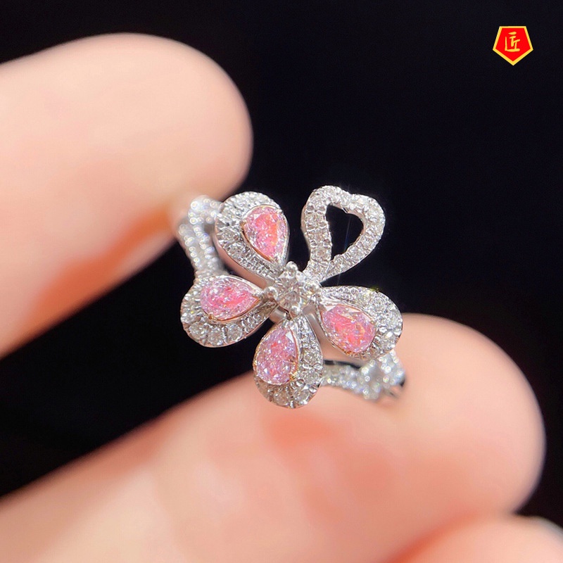 [Ready Stock]Advanced Design Micro-Inlaid Pink Diamond Five Petal Flower Ring