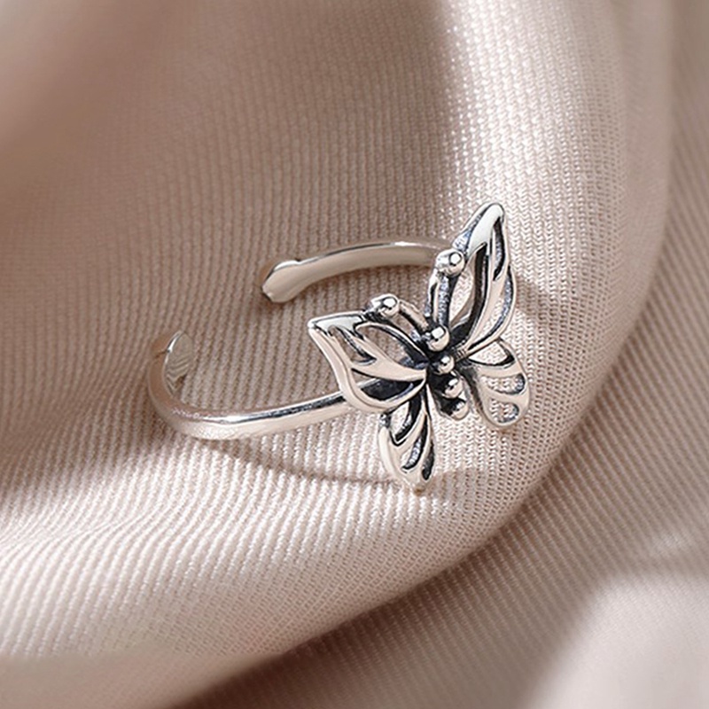 Cincin Model Terbuka Bahan Sterling Silver 925 Desain Kupu-Kupu Hollow Gaya Korea Vintage Untuk Wanita