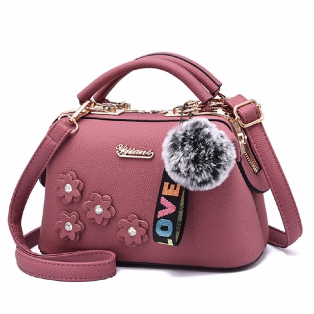 SG0786 87884 Syafniegalery doctor bag pompom love fashion bunga partybag tas kulit persit bayangkari