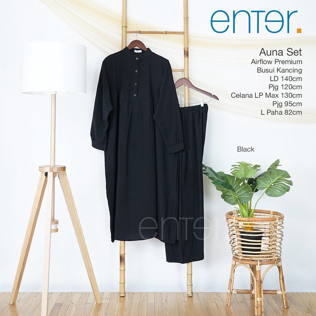 Enter Auna Set Stelan Wanita Kekinian One Set Crinkle Airflow Baju Setelan Jumbo LD 140 Setcel Long Tunik Busui-Black