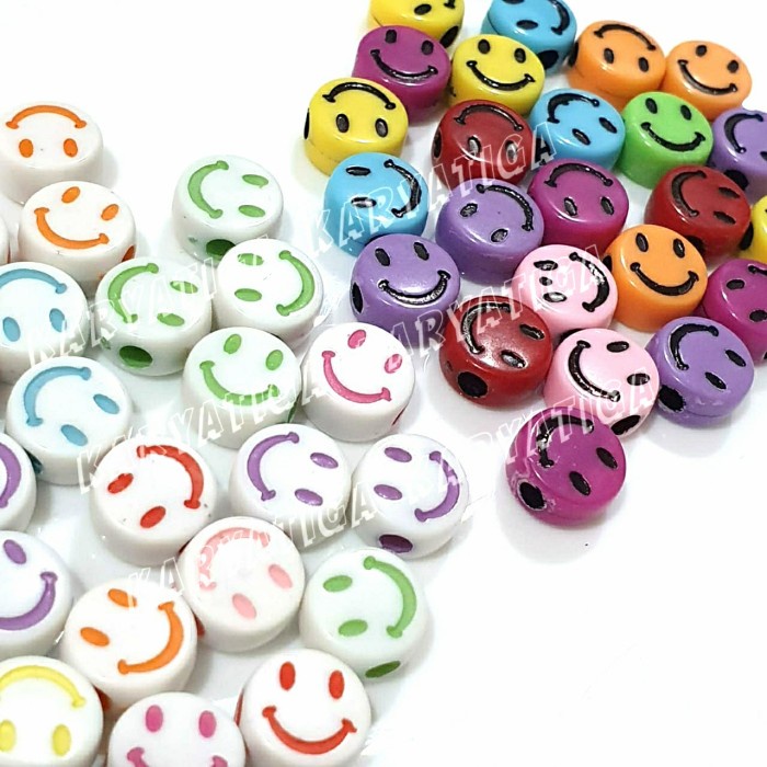 Mote Manik Smiley Bulat 10 mm - Warna Mix (20 Pcs)