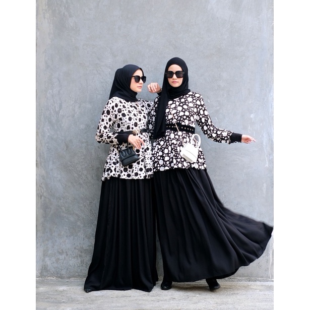 Ounadoutfit dress gothic polkadot busui wanita kekinian hitam putih / homedress rayon motif / outfit muslim motif / dress monocrom / baju polkadot wanita