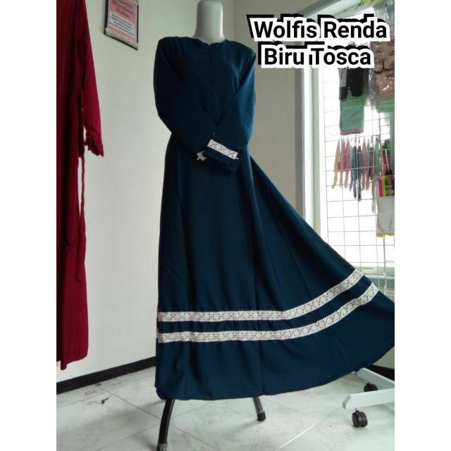 Gamis umbrella wolfis biru tosca renda