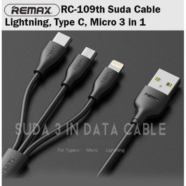 Kabel Data Remax SUDA 3 in 1 Fast Charger Micro USB Lightning Type C