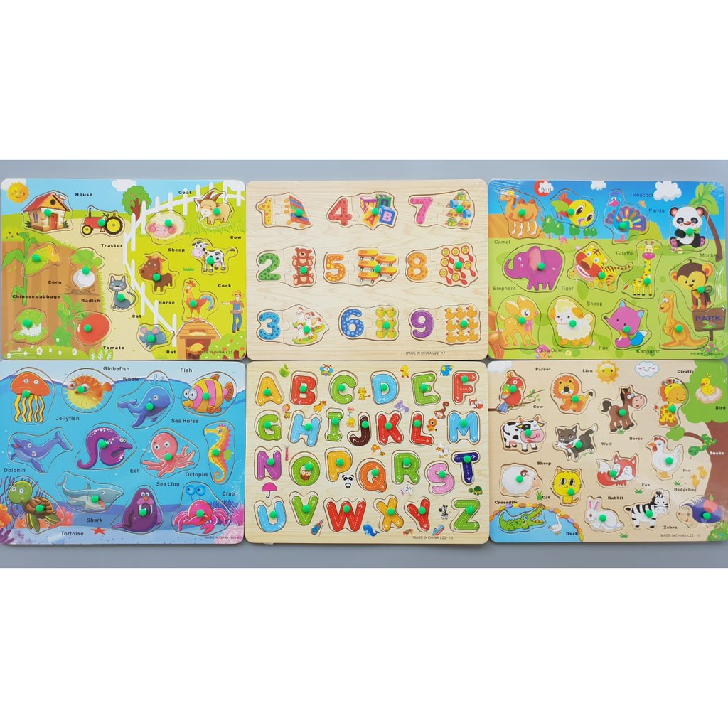 PUZZLE PUZZLE KAYU MAINAN EDUKASI ANAK PUZZLE DAN BOARD GAME PUZZLE HURUF ANGKA ABJAD 01 HEWAN KNOB