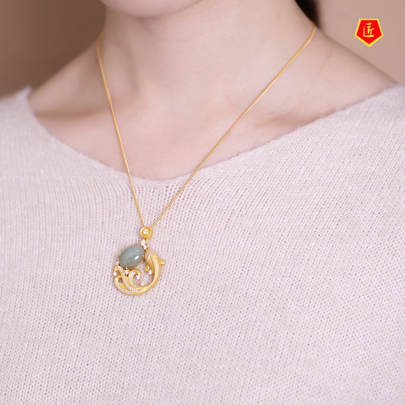 [Ready Stock]Hetian Jade Personality Full Diamond Gold Carp Pendant for Women